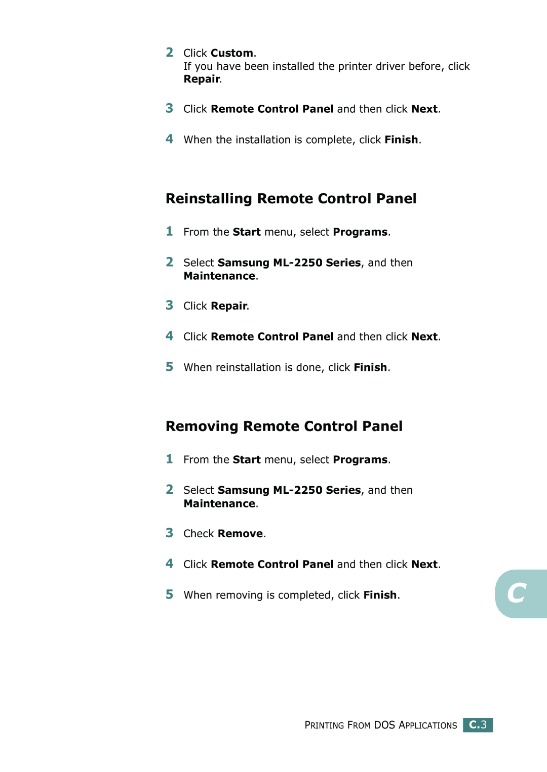 Samsung ML-2252W, ML-2251N, ML-2250 manual Reinstalling Remote Control Panel, Removing Remote Control Panel 