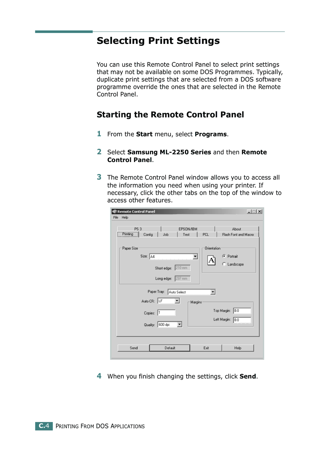 Samsung ML-2251N, ML-2252W, ML-2250 manual Selecting Print Settings, Starting the Remote Control Panel 