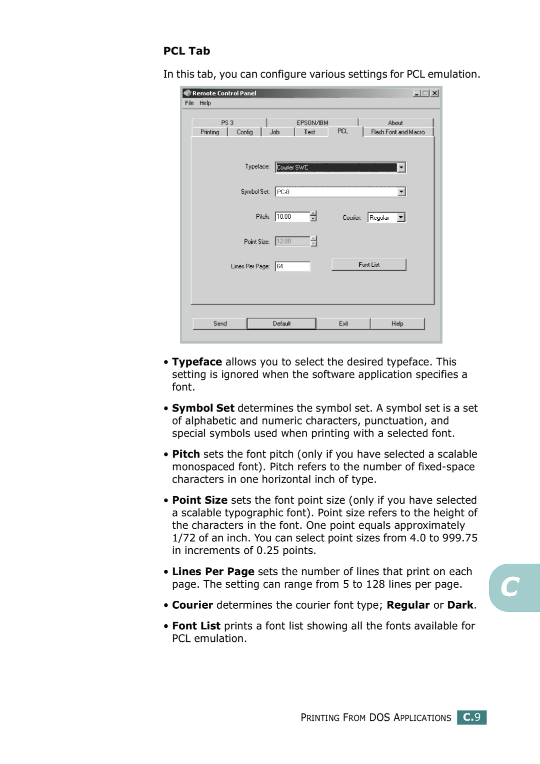 Samsung ML-2252W, ML-2251N, ML-2250 manual PCL Tab, Page. The setting can range from 5 to 128 lines per 