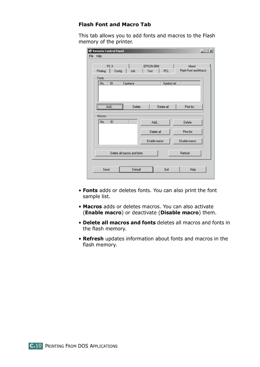 Samsung ML-2251N, ML-2252W, ML-2250 manual Flash Font and Macro Tab 