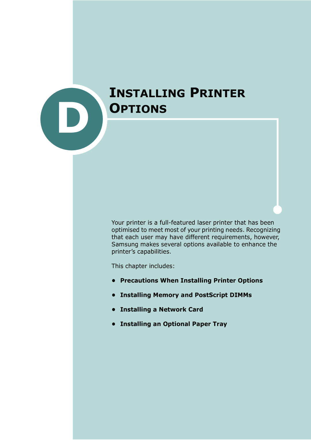 Samsung ML-2251N, ML-2252W, ML-2250 manual Installing Printer Options 