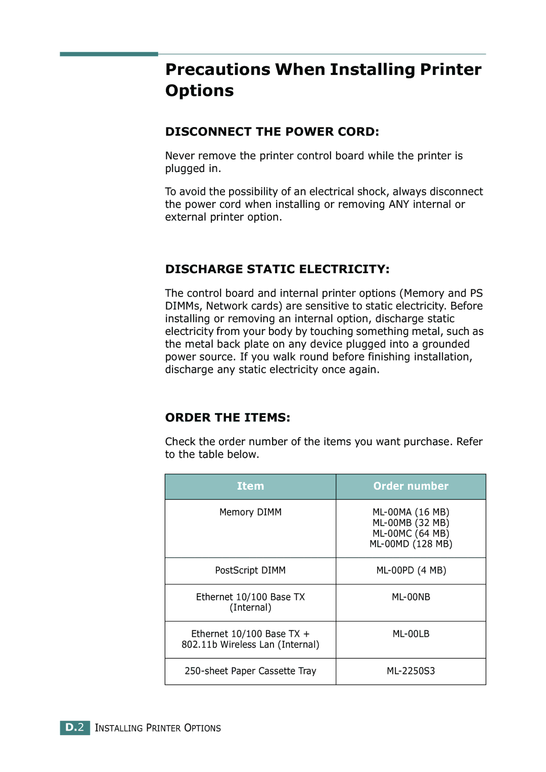 Samsung ML-2250, ML-2252W, ML-2251N manual Precautions When Installing Printer Options, Order number 