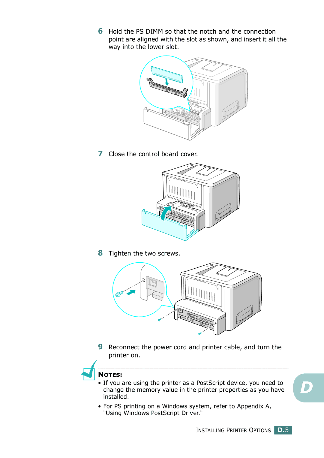 Samsung ML-2250, ML-2252W, ML-2251N manual Installing Printer Options D.5 