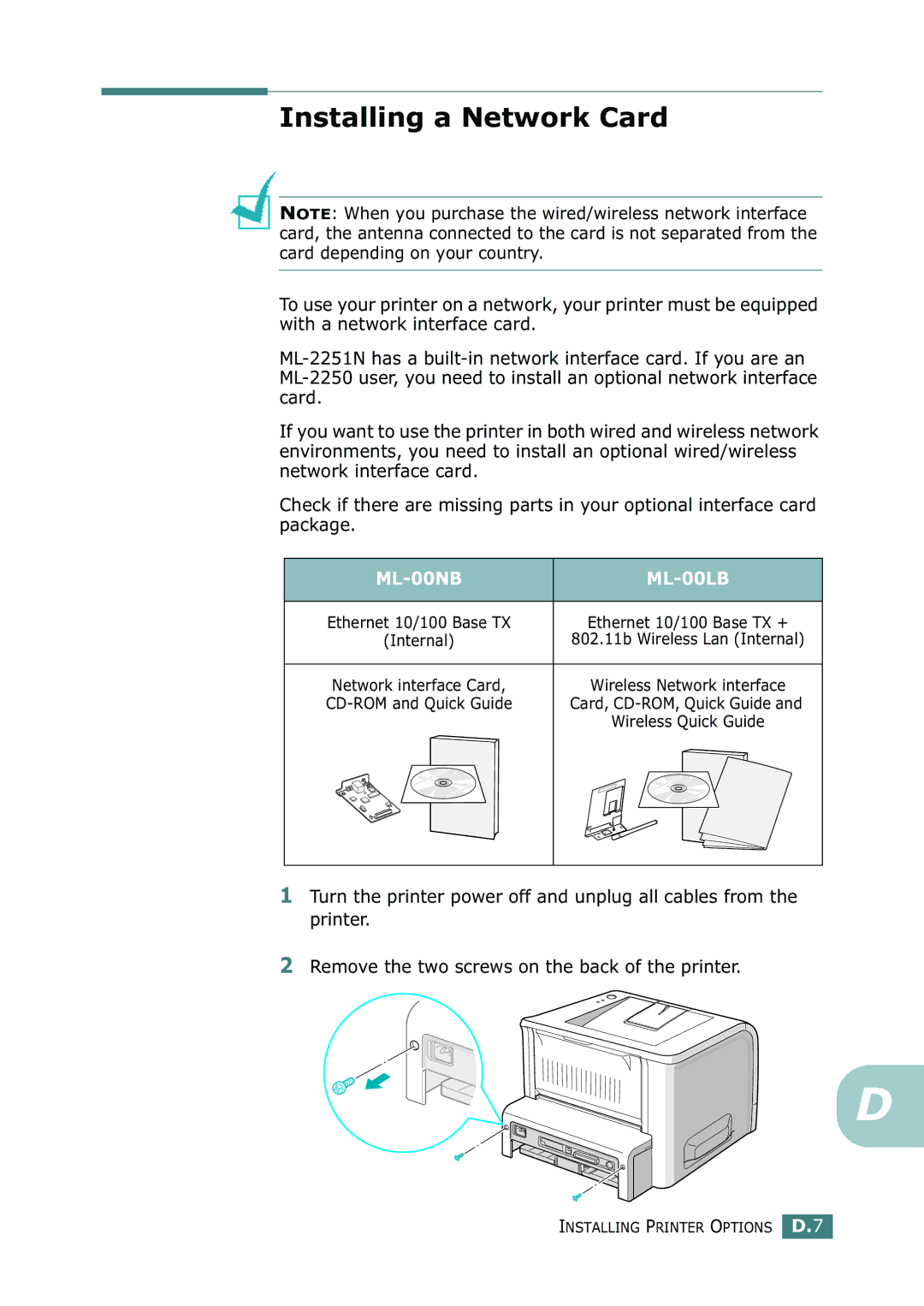 Samsung ML-2251N, ML-2252W, ML-2250 manual Installing a Network Card, ML-00NB ML-00LB 