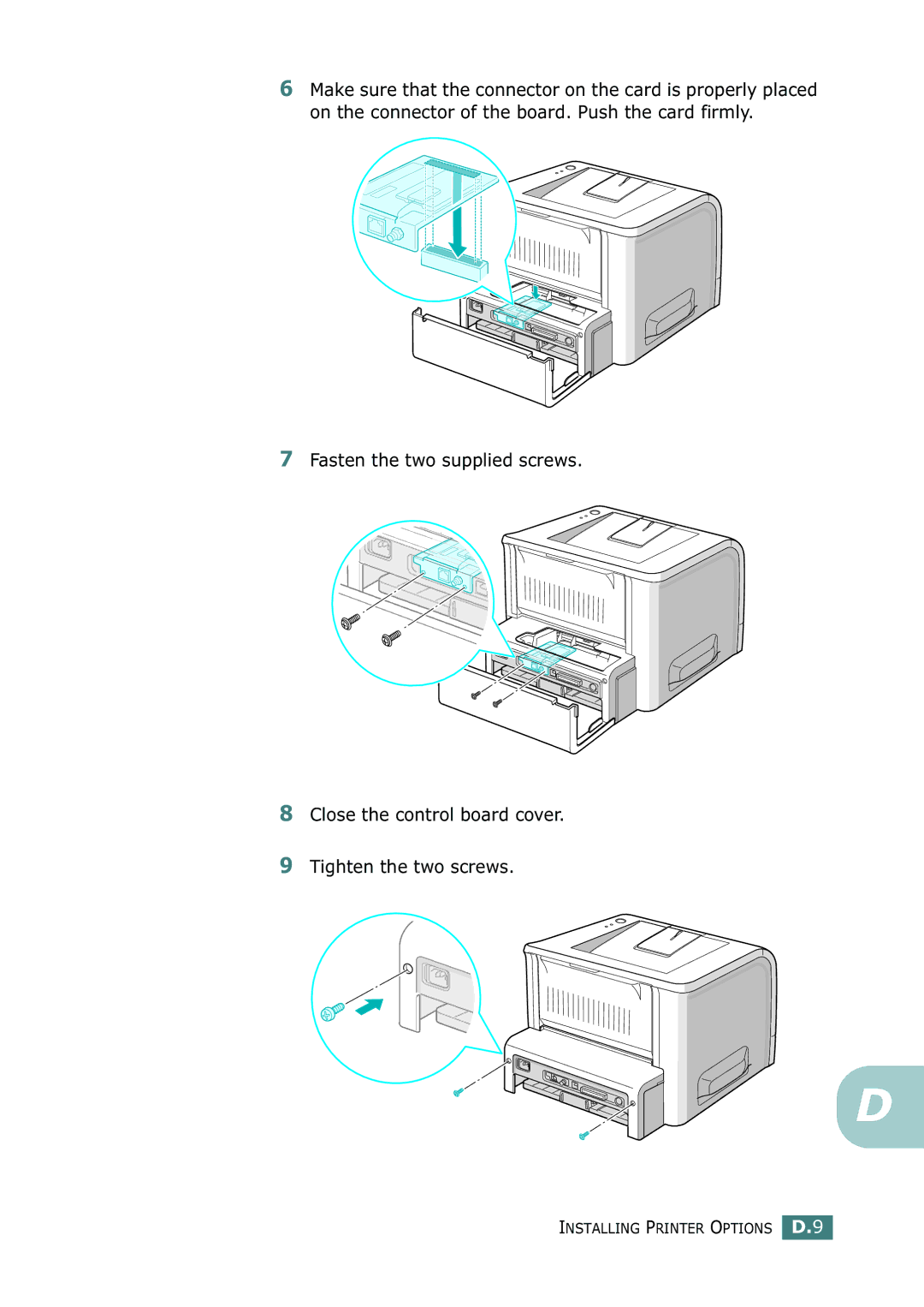 Samsung ML-2252W, ML-2251N, ML-2250 manual Installing Printer Options D.9 