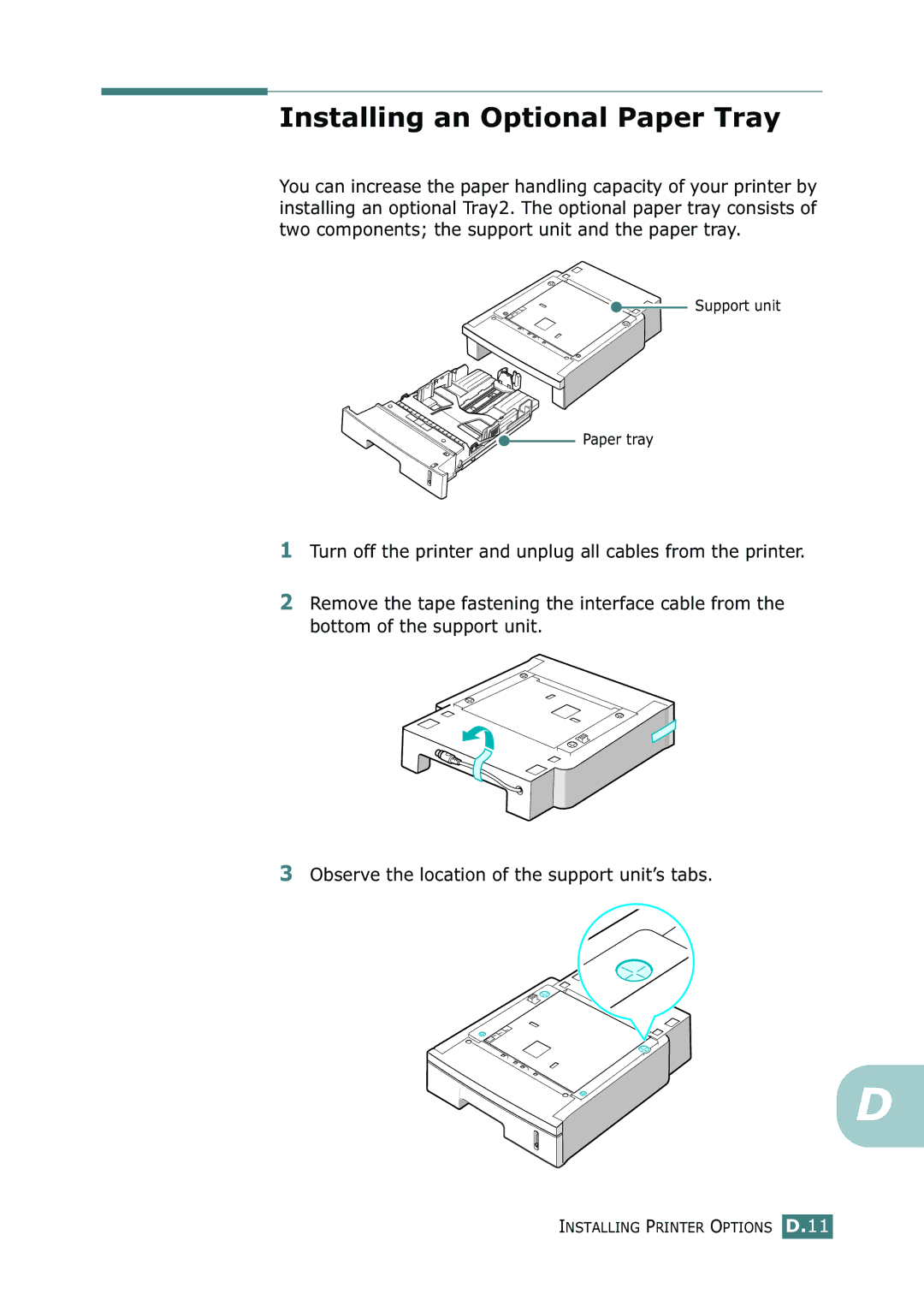 Samsung ML-2250, ML-2252W, ML-2251N manual Installing an Optional Paper Tray 