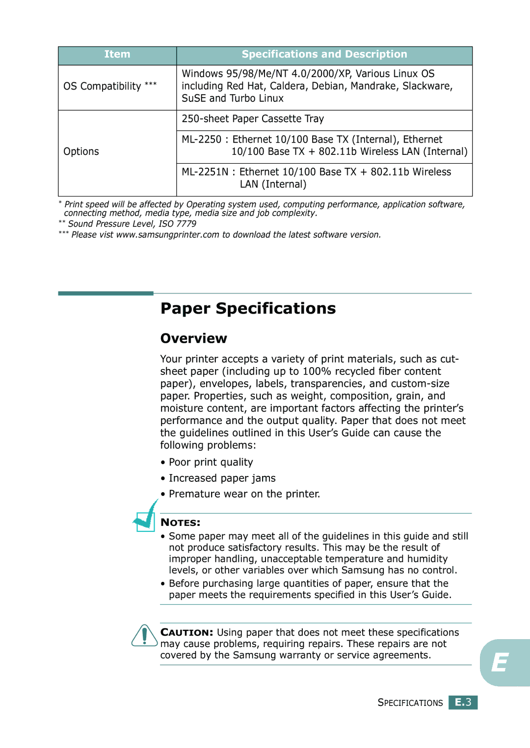 Samsung ML-2252W, ML-2251N, ML-2250 manual Paper Specifications, Overview 