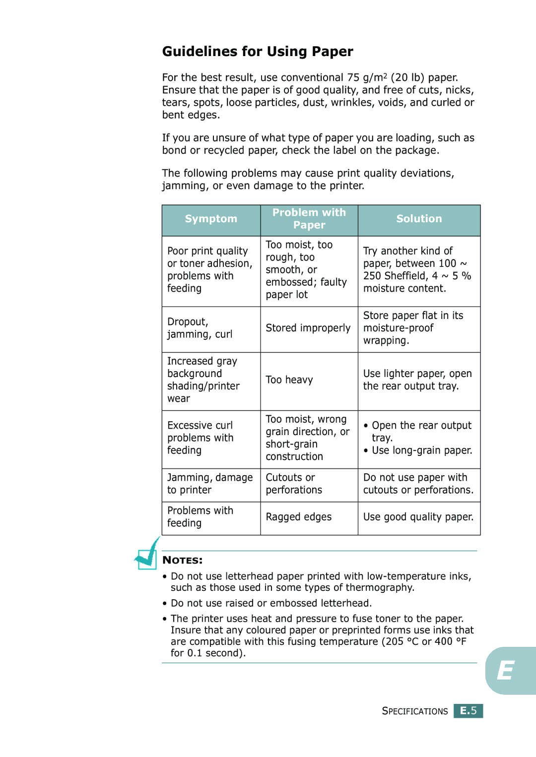 Samsung ML-2250, ML-2252W, ML-2251N manual Guidelines for Using Paper, Symptom Problem with Solution Paper 