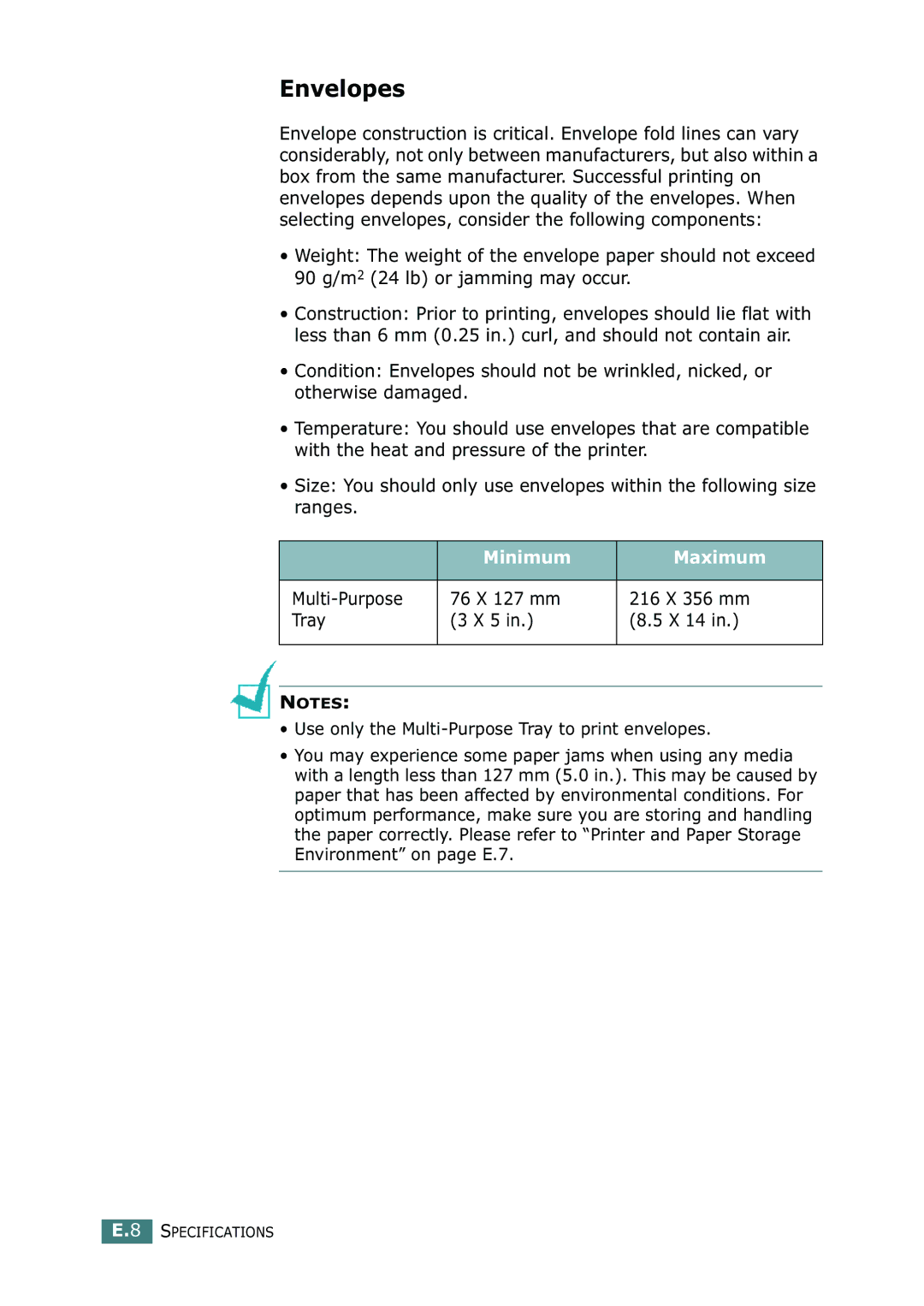 Samsung ML-2250, ML-2252W, ML-2251N manual Envelopes, Minimum Maximum 