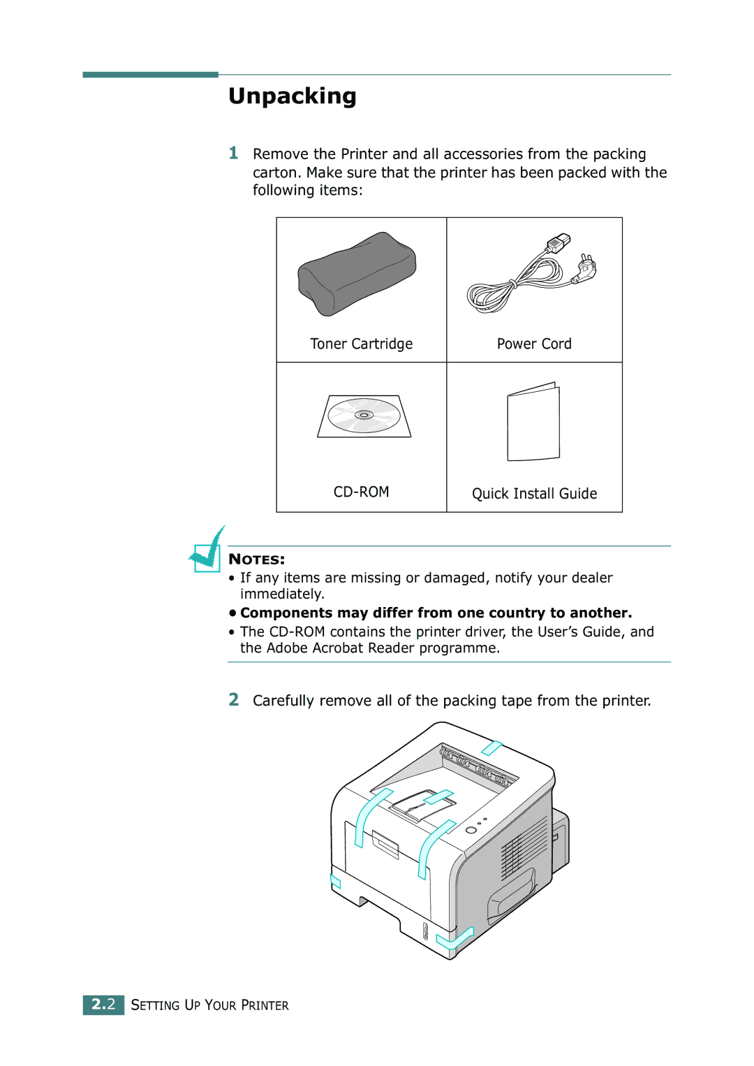 Samsung ML-2250, ML-2252W, ML-2251N manual Unpacking, Components may differ from one country to another 