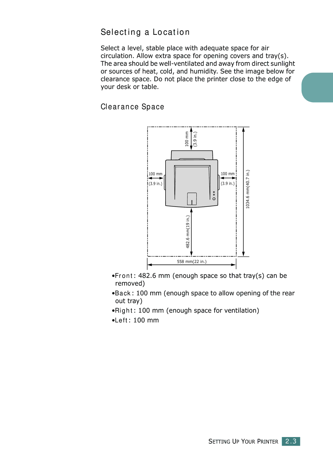 Samsung ML-2252W, ML-2251N, ML-2250 manual Selecting a Location, Your desk or table 