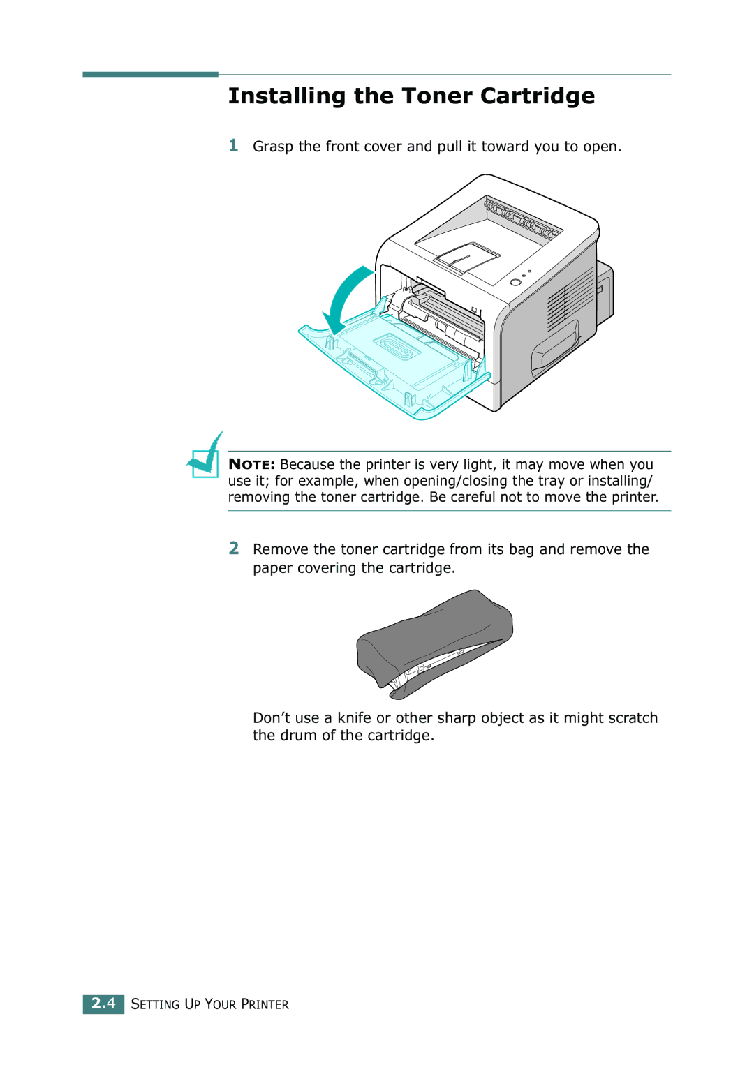 Samsung ML-2251N, ML-2252W, ML-2250 manual Installing the Toner Cartridge 