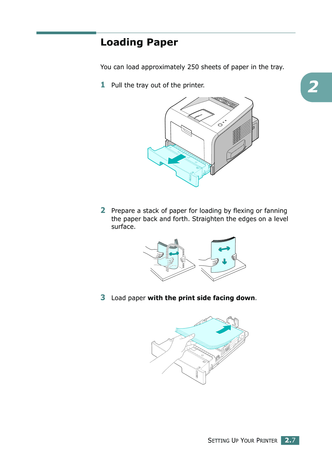 Samsung ML-2251N, ML-2252W, ML-2250 manual Loading Paper, Load paper with the print side facing down 