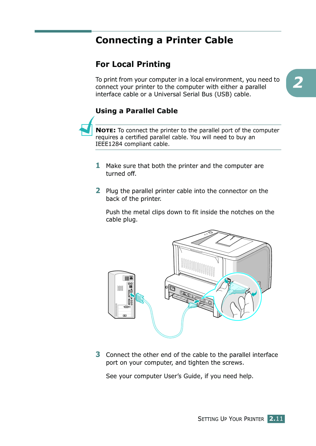 Samsung ML-2250, ML-2252W, ML-2251N manual Connecting a Printer Cable, For Local Printing, Using a Parallel Cable 