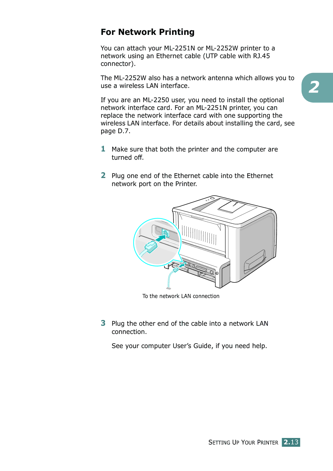 Samsung ML-2251N, ML-2252W, ML-2250 manual For Network Printing 