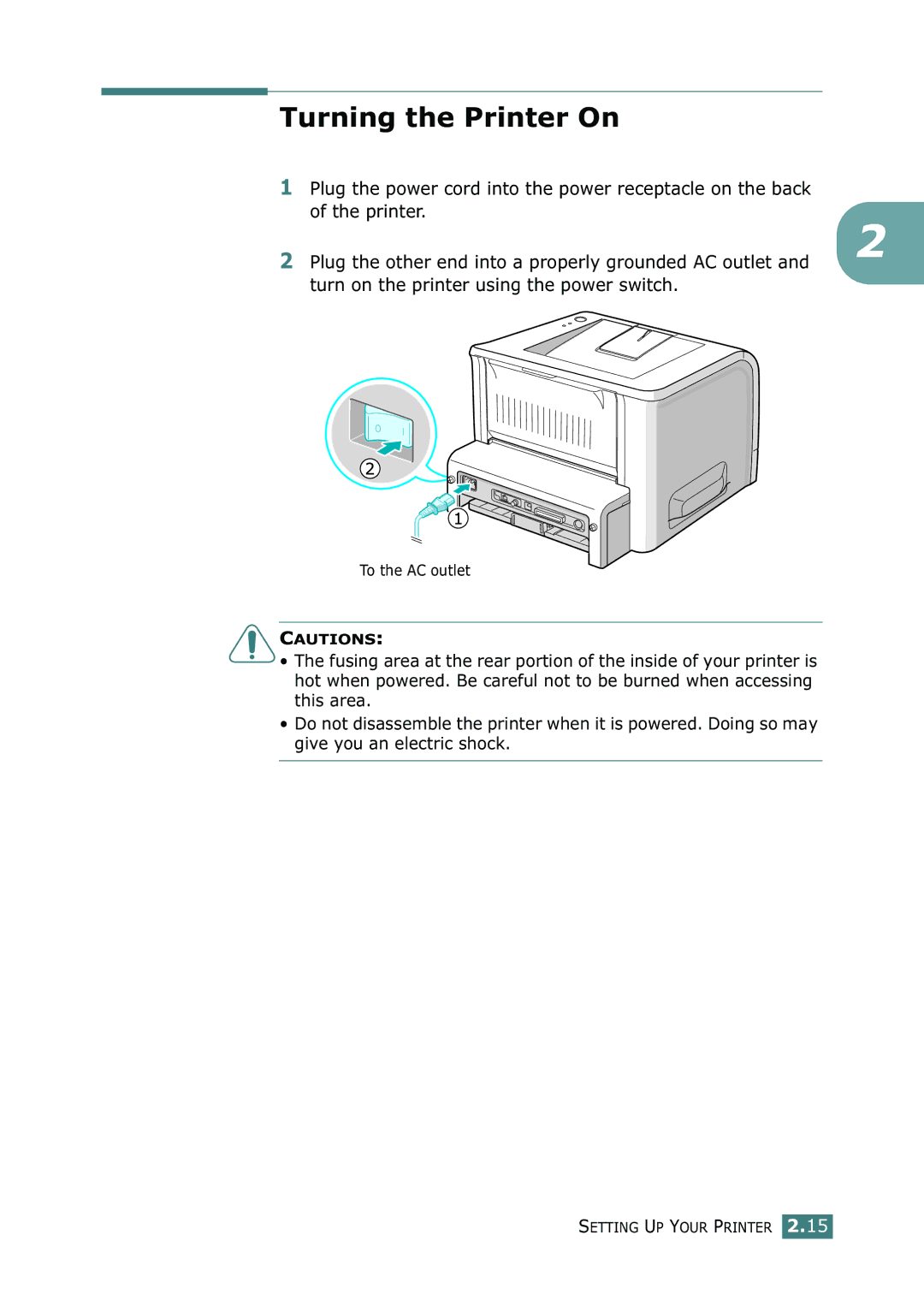 Samsung ML-2252W, ML-2251N, ML-2250 manual Turning the Printer On 