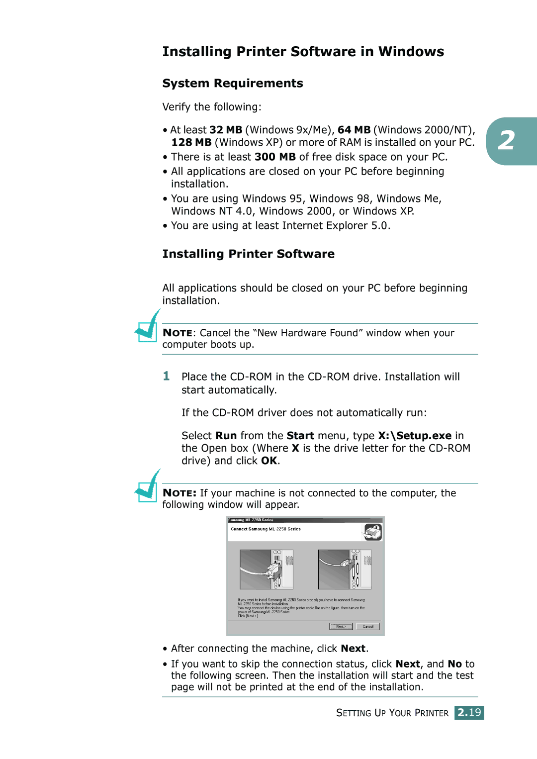 Samsung ML-2251N, ML-2252W, ML-2250 manual Installing Printer Software in Windows, System Requirements, Verify the following 