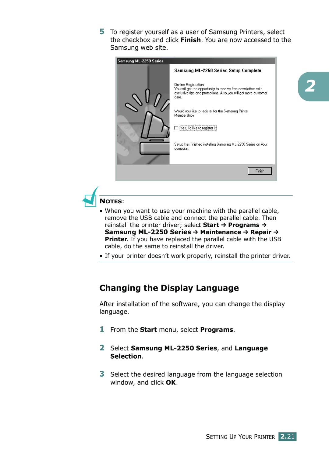 Samsung ML-2252W, ML-2251N manual Changing the Display Language, Select Samsung ML-2250 Series, and Language Selection 