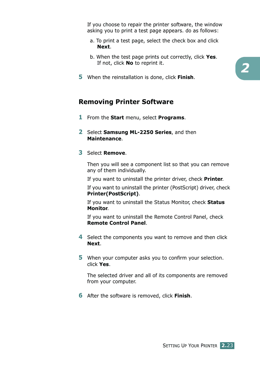 Samsung ML-2250, ML-2252W, ML-2251N manual Removing Printer Software 