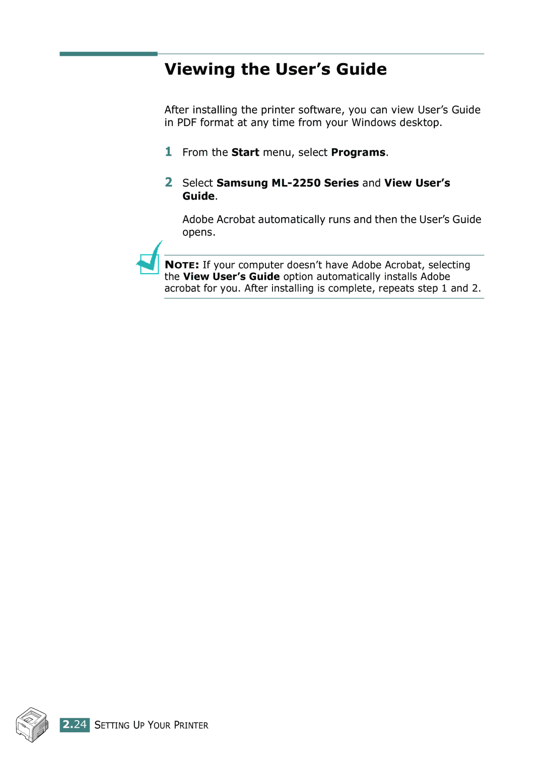 Samsung ML-2252W, ML-2251N manual Viewing the User’s Guide, Select Samsung ML-2250 Series and View User’s Guide 