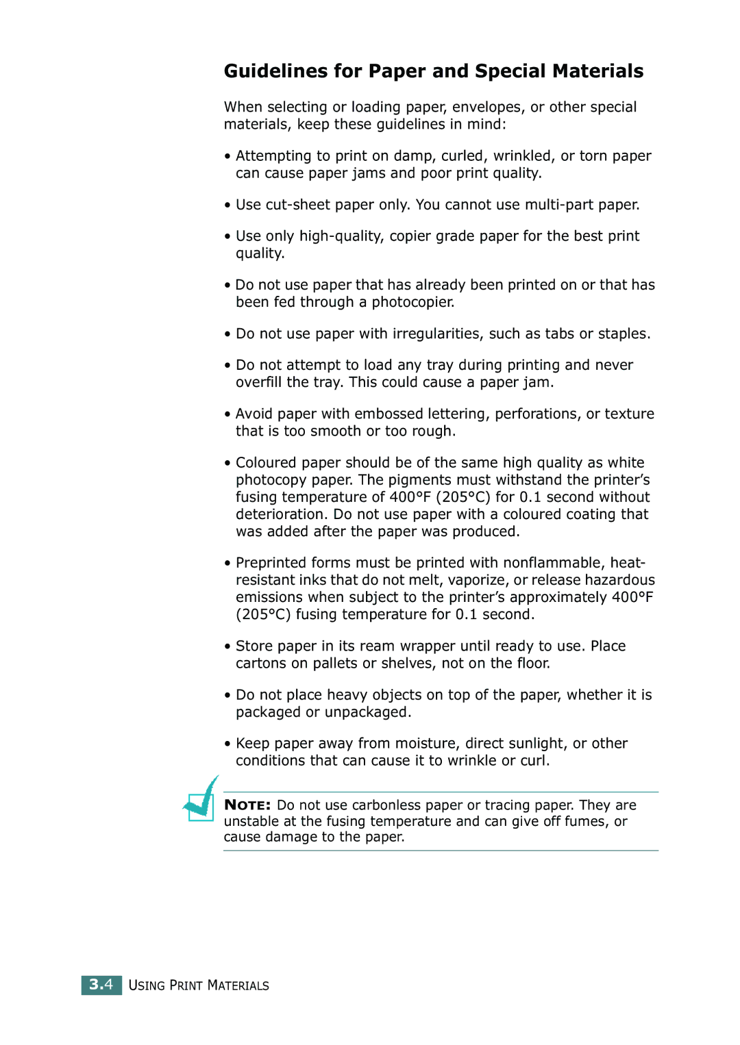 Samsung ML-2251N, ML-2252W, ML-2250 manual Guidelines for Paper and Special Materials 