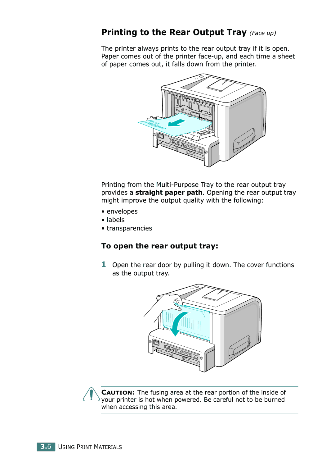 Samsung ML-2252W, ML-2251N, ML-2250 manual Printing to the Rear Output Tray Face up, To open the rear output tray 