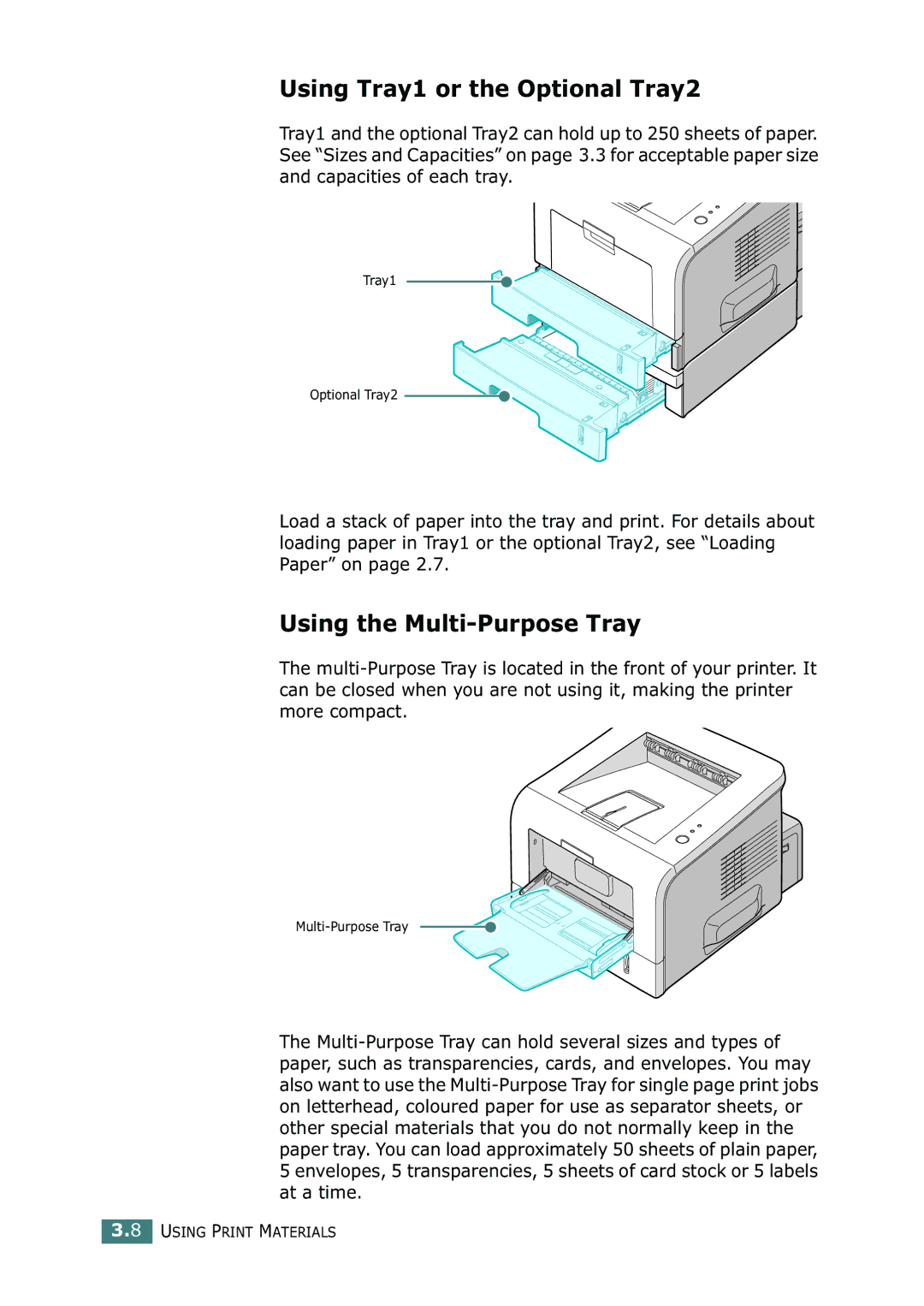 Samsung ML-2250, ML-2252W, ML-2251N manual Using Tray1 or the Optional Tray2, Using the Multi-Purpose Tray 