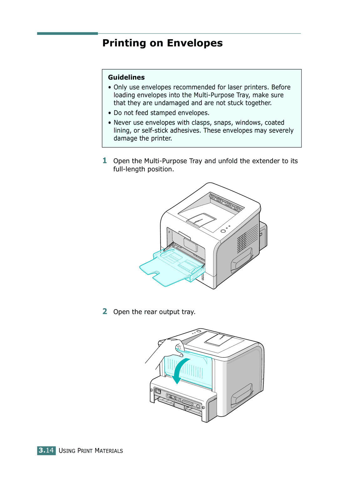 Samsung ML-2250, ML-2252W, ML-2251N manual Printing on Envelopes, Guidelines 