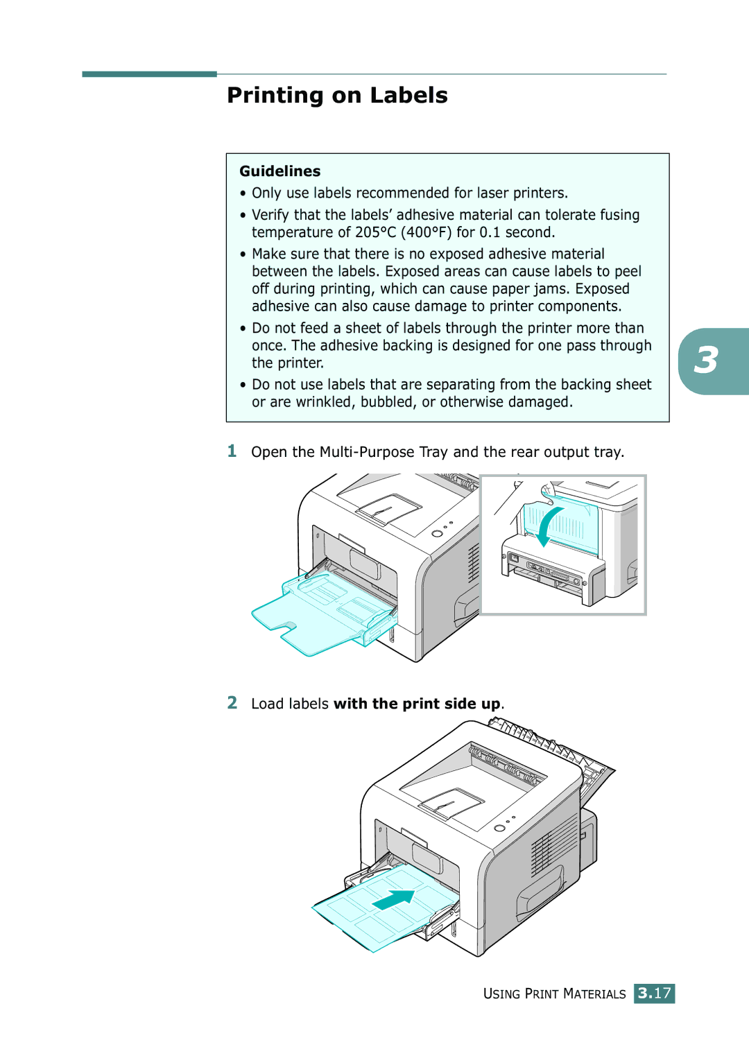 Samsung ML-2250, ML-2252W, ML-2251N manual Printing on Labels, Load labels with the print side up 