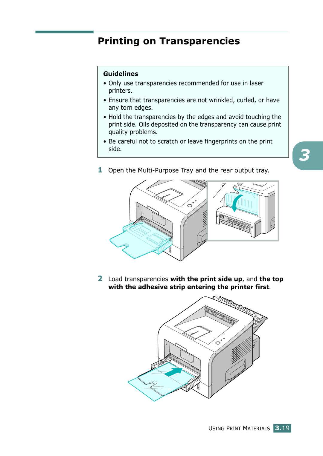 Samsung ML-2251N, ML-2252W, ML-2250 manual Printing on Transparencies 