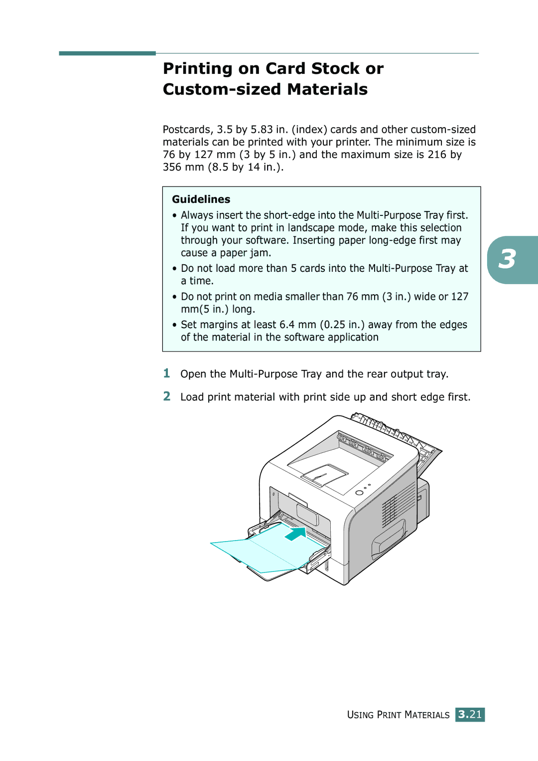 Samsung ML-2252W, ML-2251N, ML-2250 manual Printing on Card Stock or Custom-sized Materials 