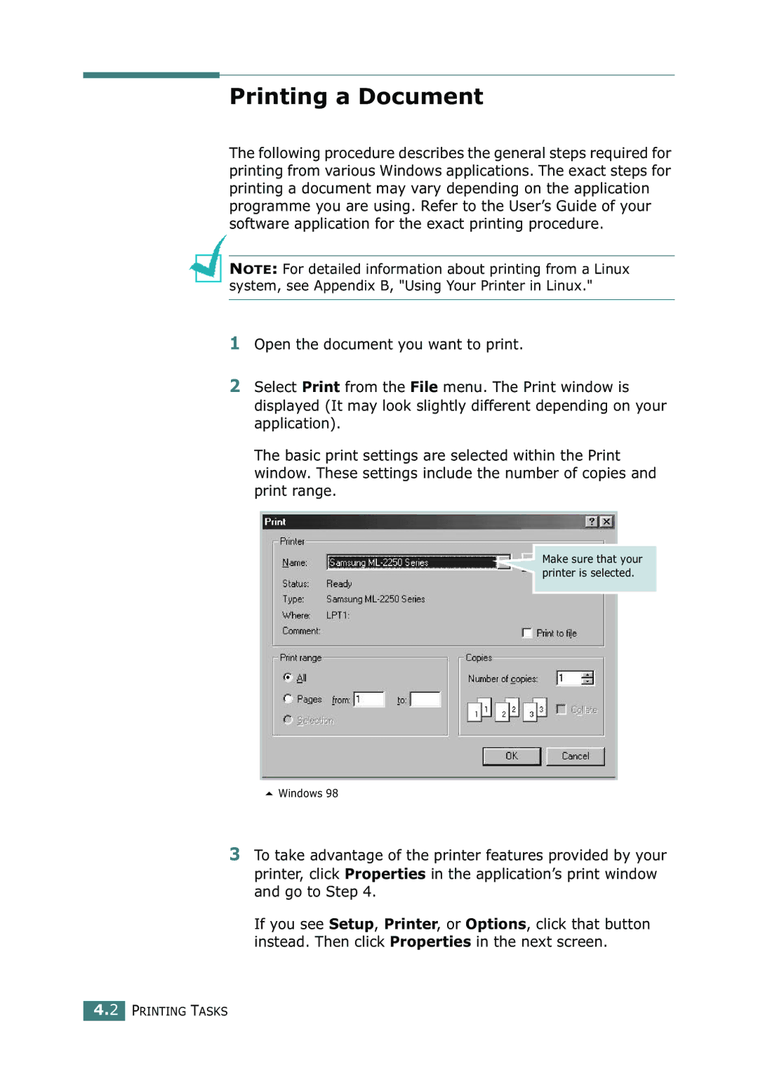 Samsung ML-2250, ML-2252W, ML-2251N manual Printing a Document 