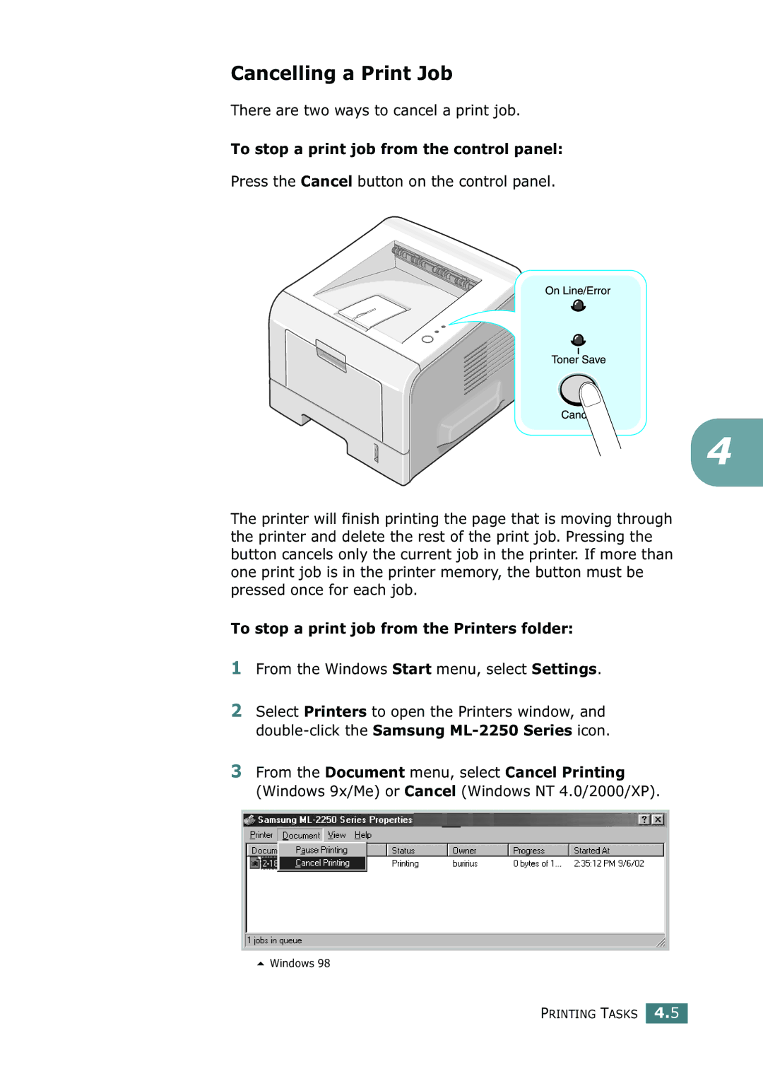 Samsung ML-2250, ML-2252W, ML-2251N manual Cancelling a Print Job, There are two ways to cancel a print job 