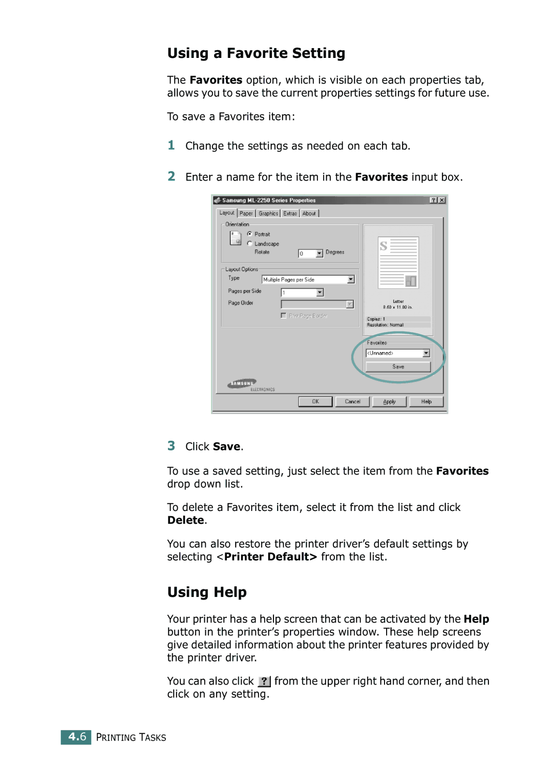 Samsung ML-2252W, ML-2251N, ML-2250 manual Using a Favorite Setting, Using Help 