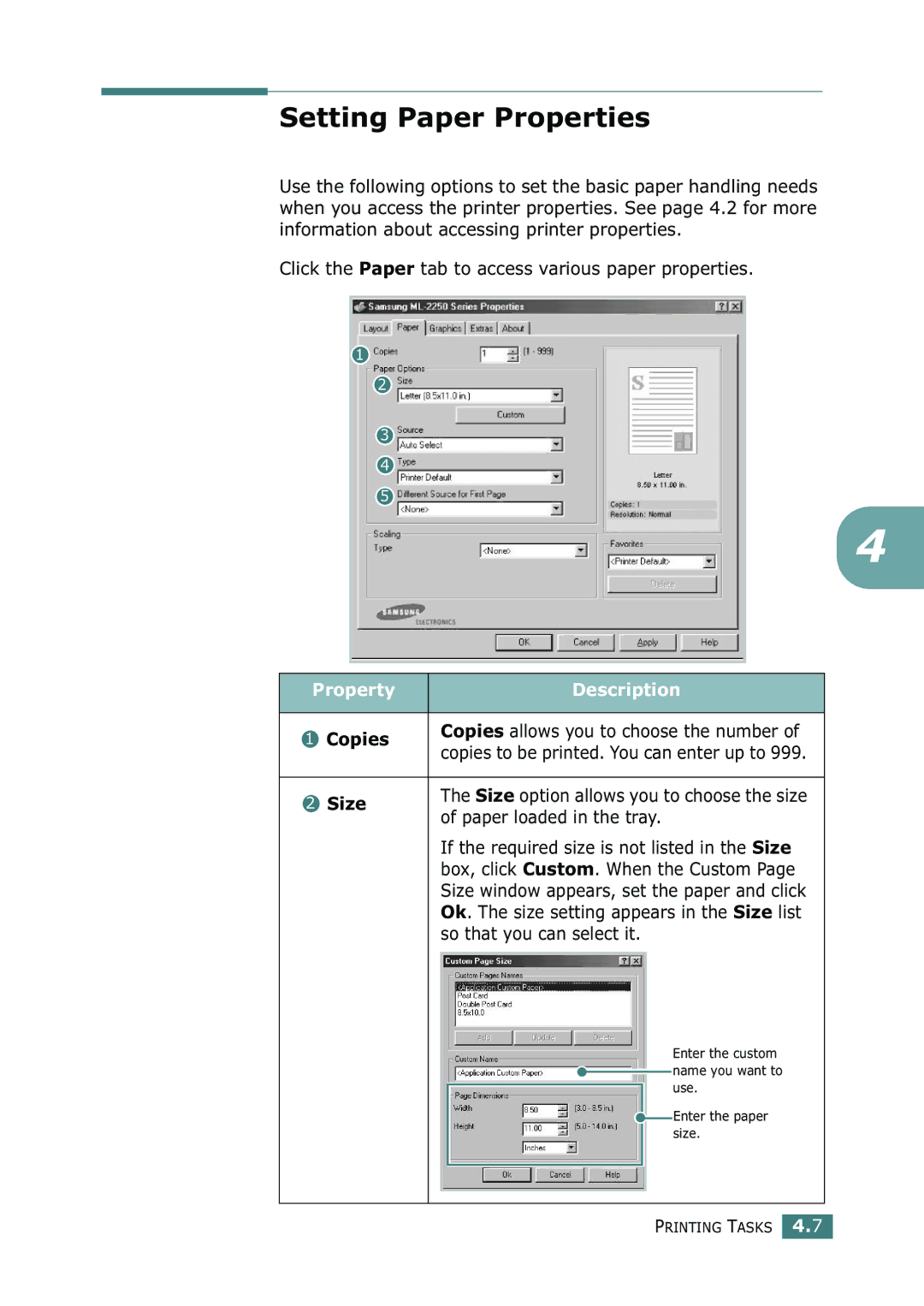 Samsung ML-2251N, ML-2252W, ML-2250 manual Setting Paper Properties, Property Description, Copies, Size 