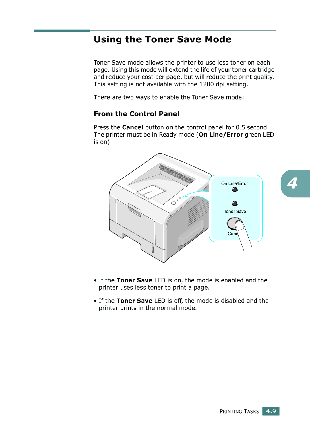 Samsung ML-2252W manual Using the Toner Save Mode, From the Control Panel, There are two ways to enable the Toner Save mode 