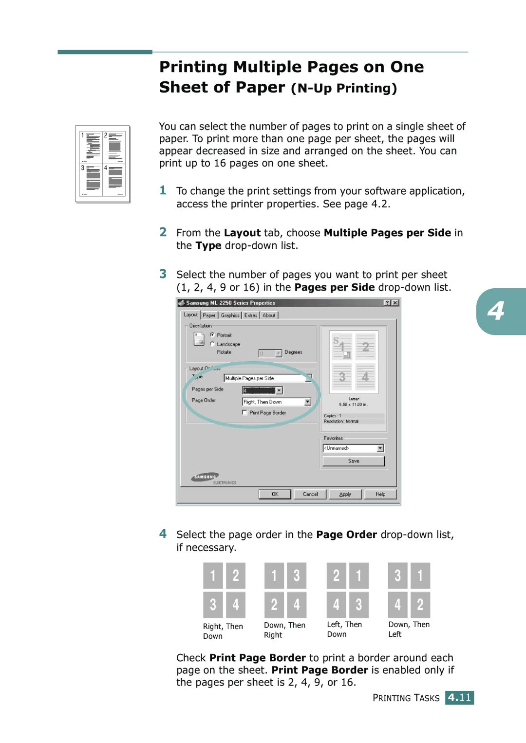 Samsung ML-2250, ML-2252W, ML-2251N manual Printing Multiple Pages on One Sheet of Paper N-Up Printing 