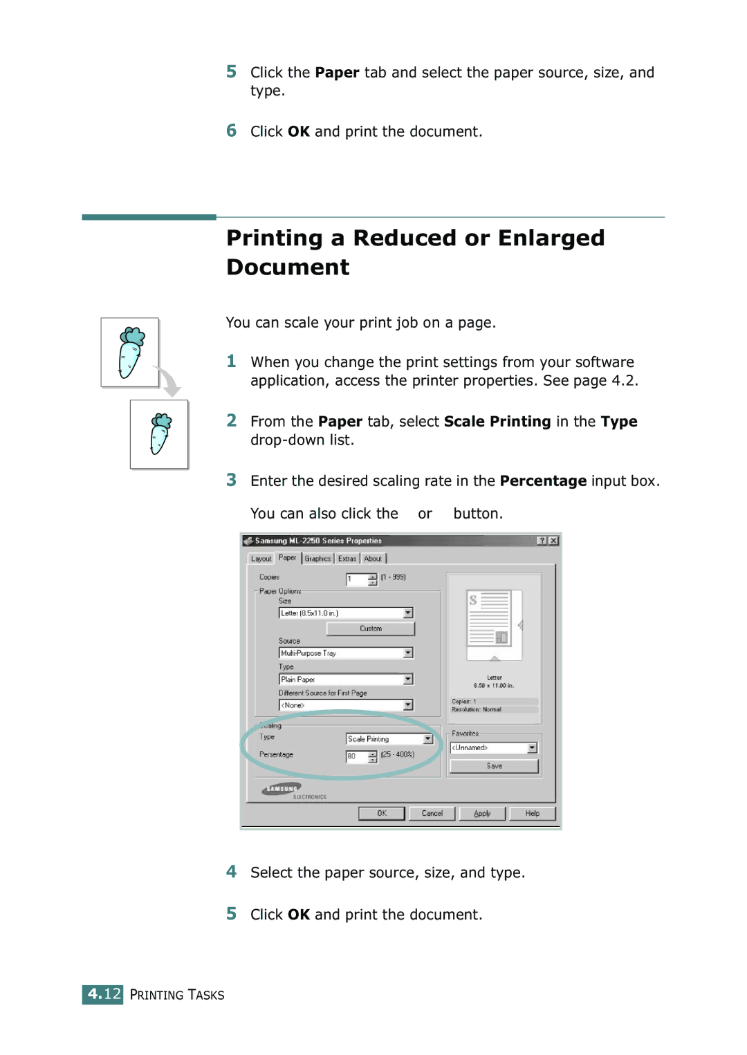 Samsung ML-2252W, ML-2251N, ML-2250 manual Printing a Reduced or Enlarged Document, You can scale your print job on a 