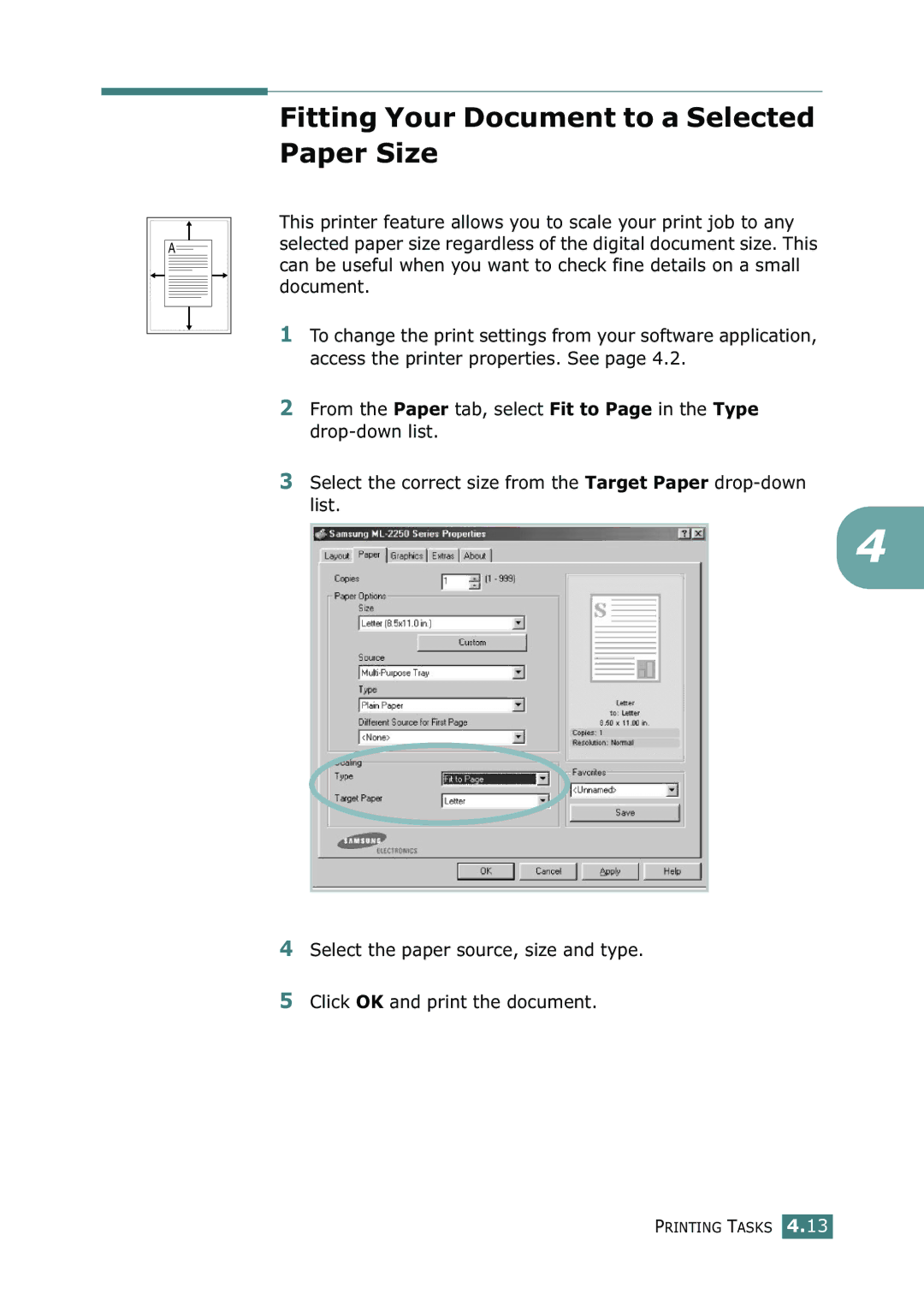 Samsung ML-2251N, ML-2252W, ML-2250 manual Fitting Your Document to a Selected Paper Size 