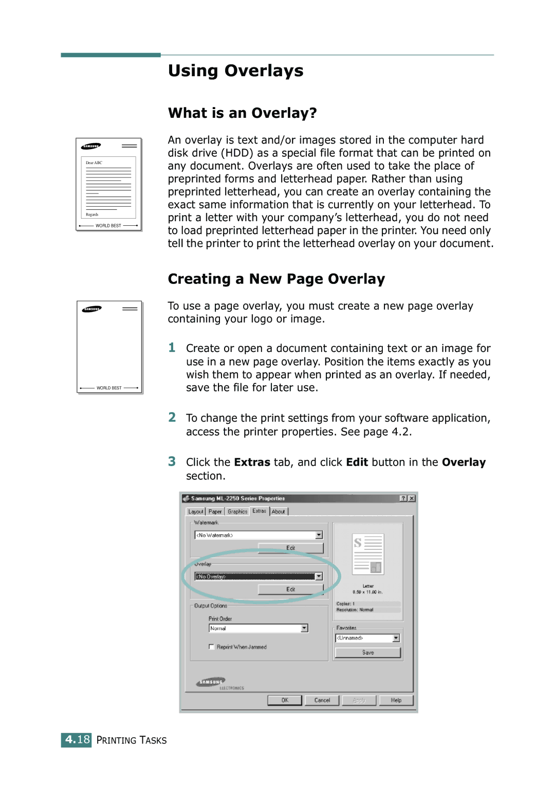 Samsung ML-2252W, ML-2251N, ML-2250 manual Using Overlays, What is an Overlay?, Creating a New Page Overlay 