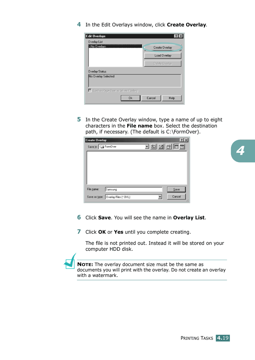 Samsung ML-2251N, ML-2252W, ML-2250 manual Edit Overlays window, click Create Overlay 