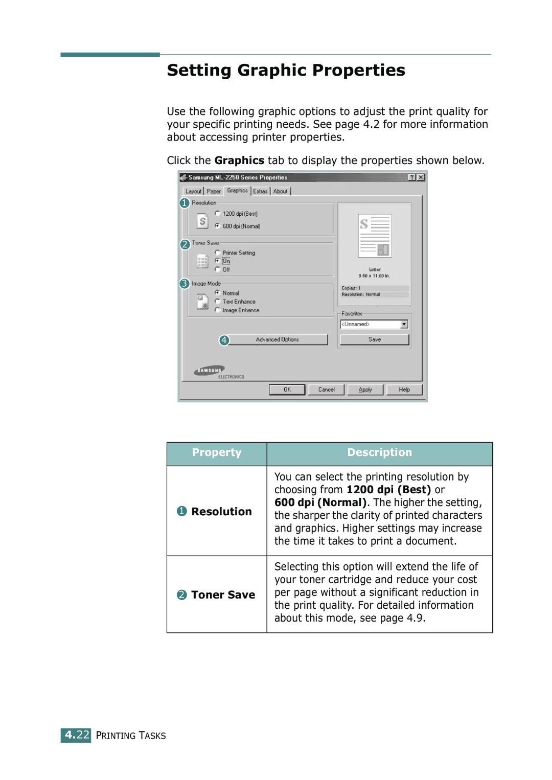 Samsung ML-2251N, ML-2252W, ML-2250 manual Setting Graphic Properties, Resolution, Toner Save 