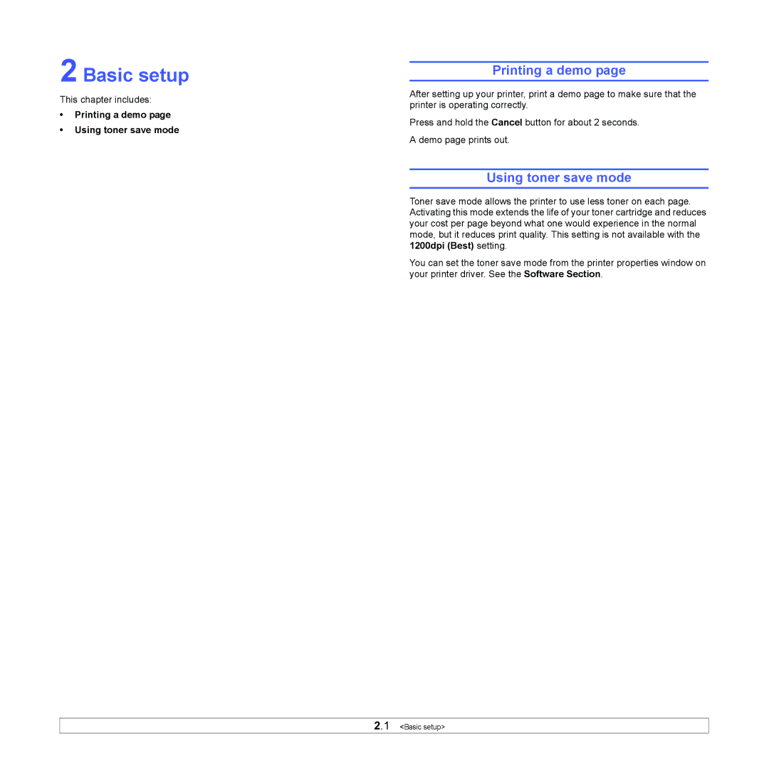 Samsung ML-2510, ML-2570 manual Basic setup, Printing a demo Using toner save mode 