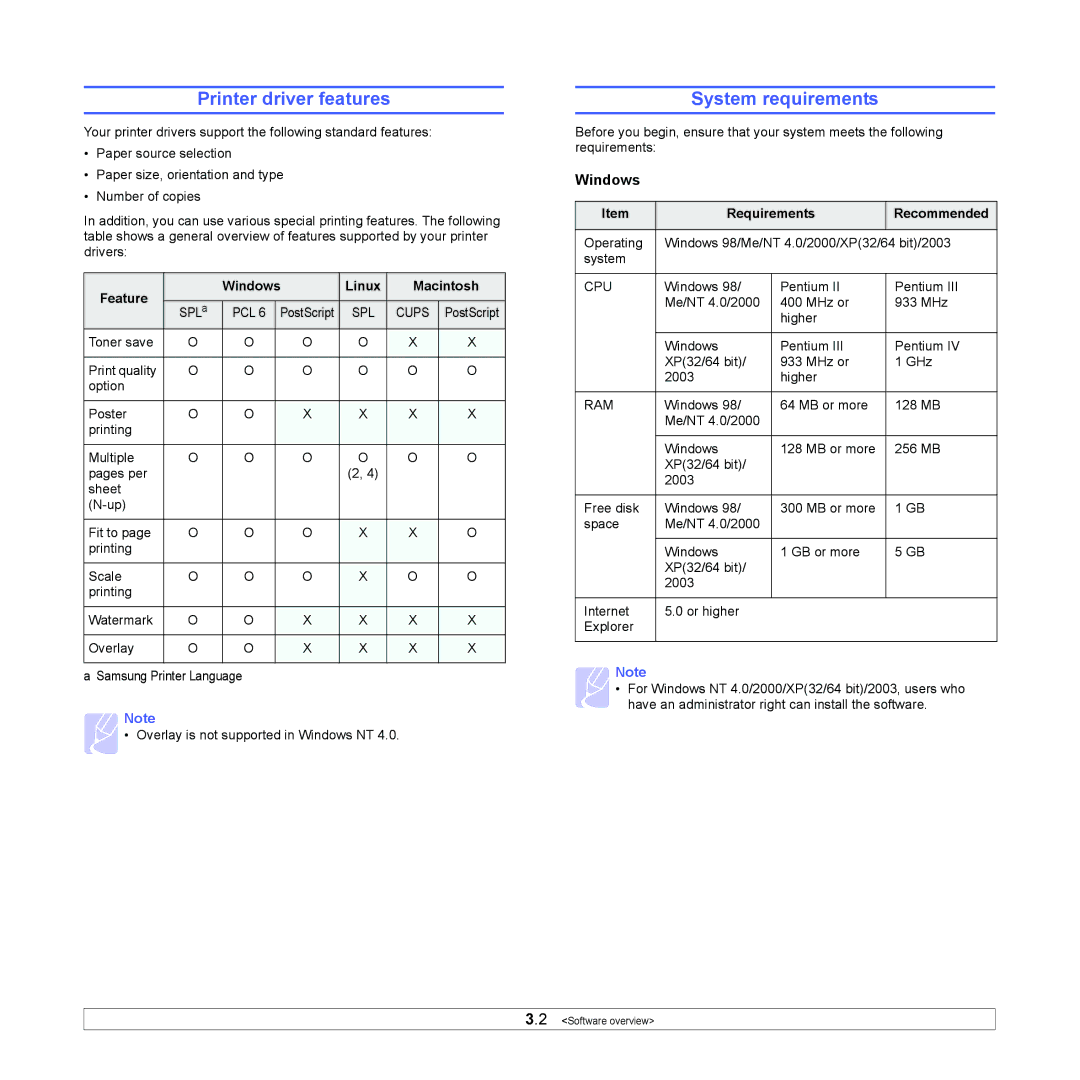 Samsung ML-2510, ML-2570 manual Printer driver features, System requirements, Feature Windows Linux Macintosh 