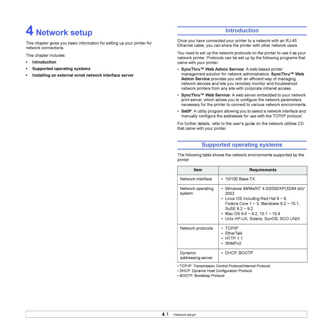 Samsung ML-2510, ML-2570 manual Network setup, Supported operating systems 