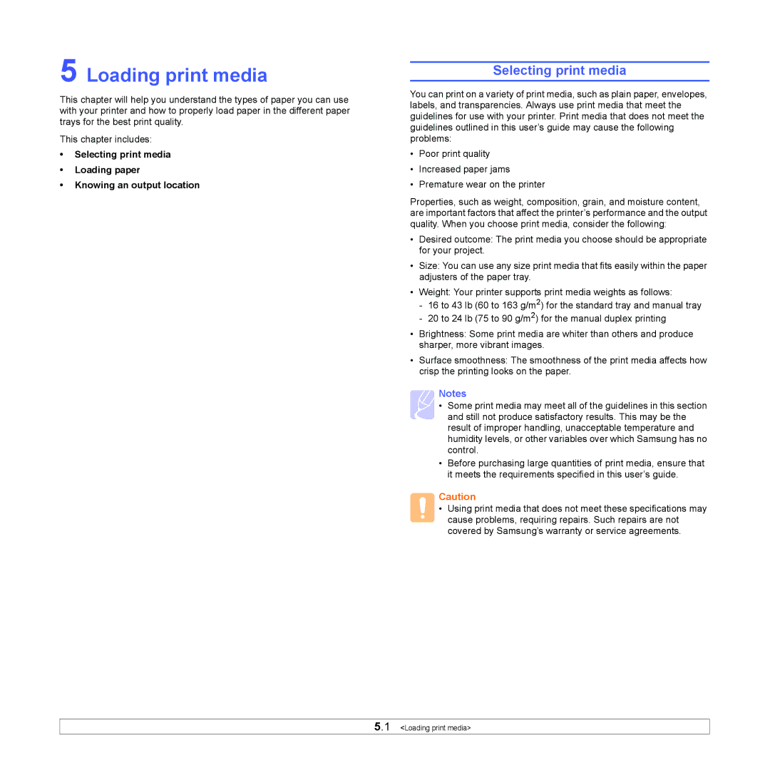 Samsung ML-2510, ML-2570 manual Loading print media, Selecting print media 