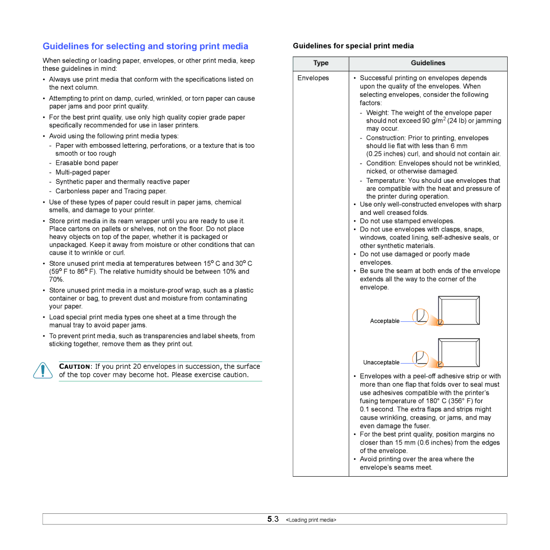 Samsung ML-2510 Guidelines for selecting and storing print media, Guidelines for special print media, Type Guidelines 