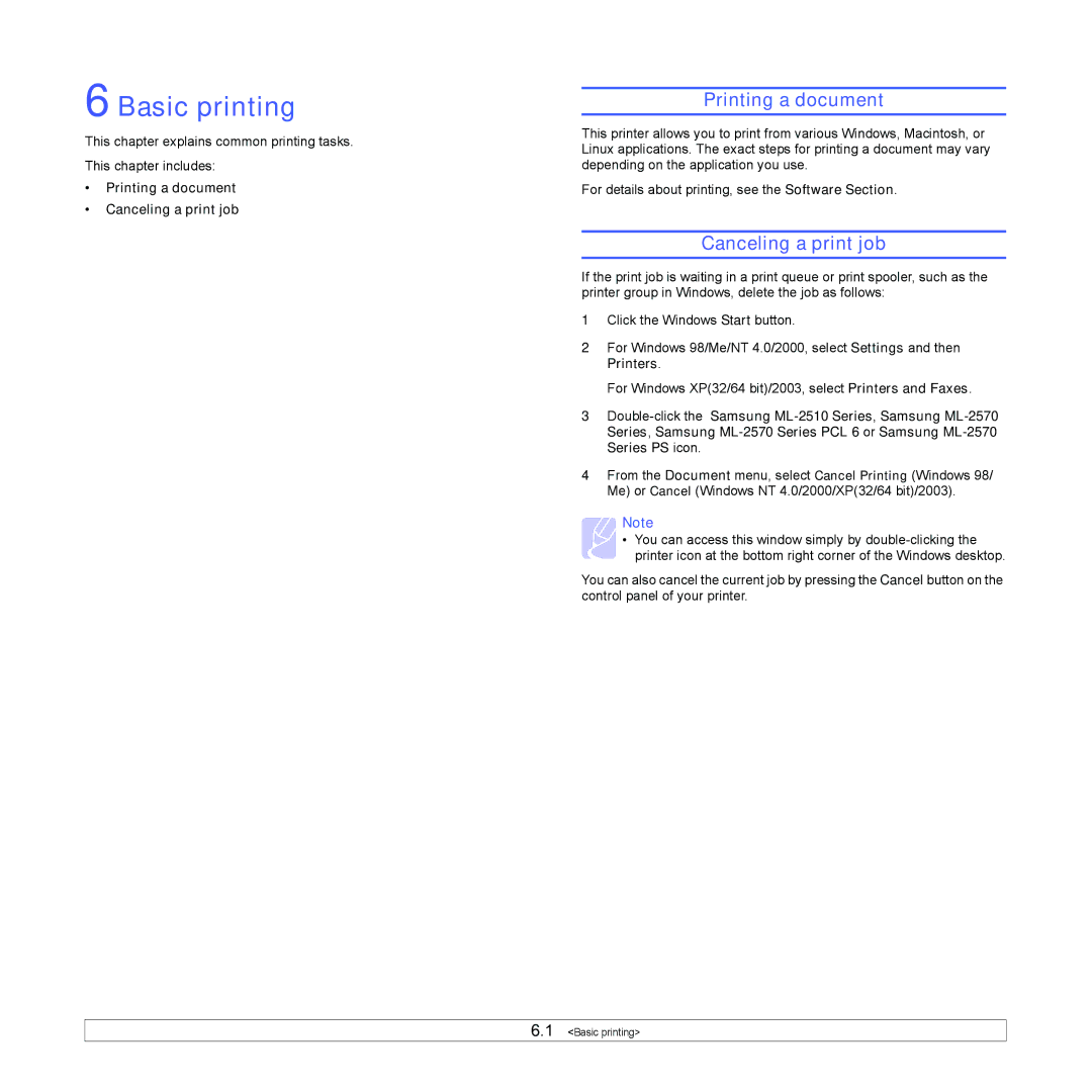 Samsung ML-2510, ML-2570 manual Basic printing, Printing a document Canceling a print job 