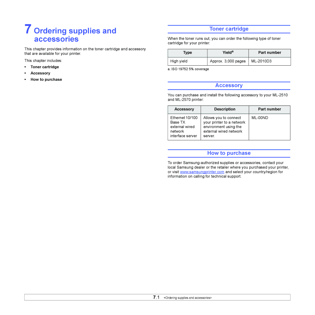 Samsung ML-2570, ML-2510 manual Ordering supplies and accessories, Toner cartridge, Accessory, How to purchase 