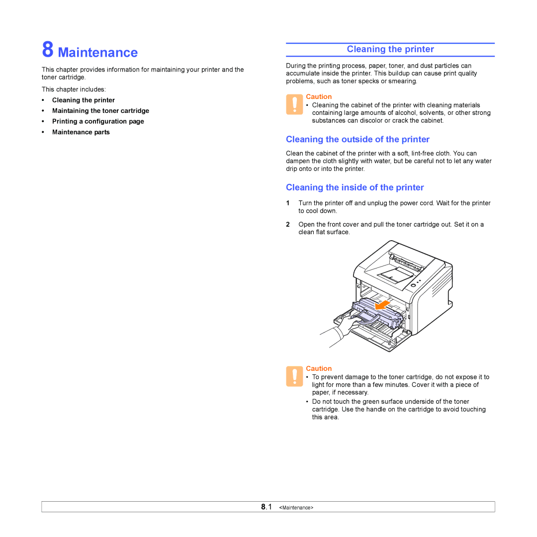 Samsung ML-2510 Maintenance, Cleaning the printer, Cleaning the outside of the printer, Cleaning the inside of the printer 